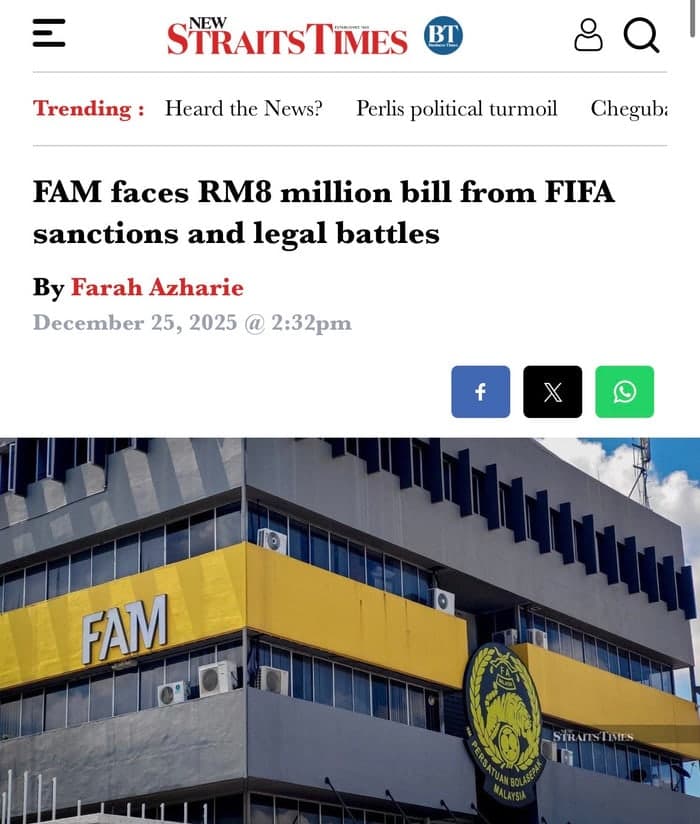 Tờ New Straits Times (Malaysia) vừa có bài viết có thể nói gây xôn xao với tiêu đề: FAM đối mặt hóa đơn hơn 8 triệu RM vì án phạt FIFA và các cuộc chiến pháp lý. Ảnh: New Straits Times