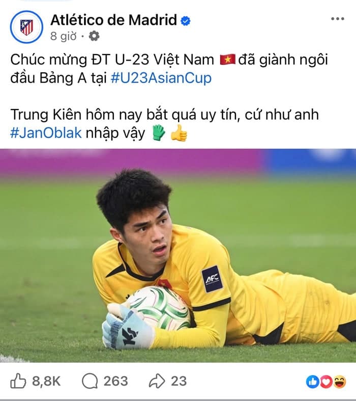 CLB Atlético Madrid đã gây sốt khi bàn về đẳng cấp của thủ môn Trần Trung Kiên.