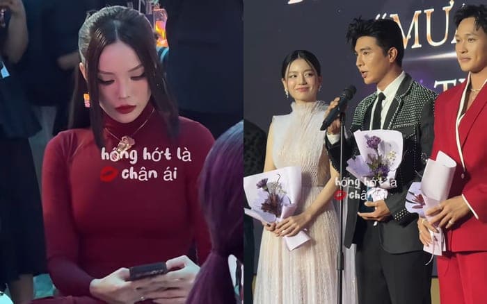 Kỳ Duyên được bắt gặp sử dụng điện thoại trong lúc Steven Nguyễn đang đứng trên sân khấu. Ảnh: honghotlachanai