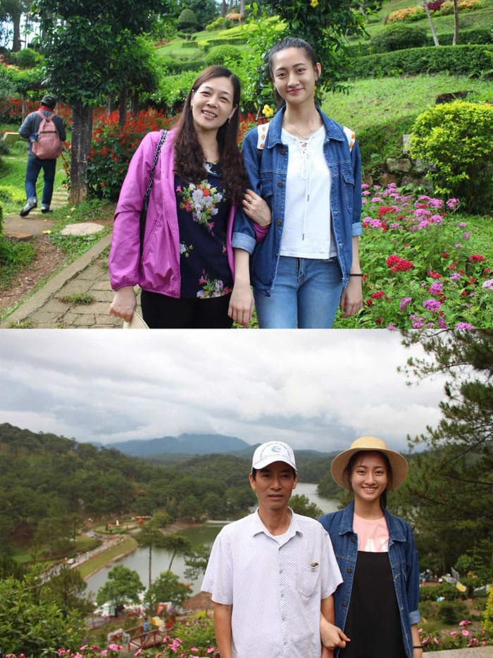 Lương Thùy Linh chụp hình cùng bố và mẹ. Ảnh: FBNV