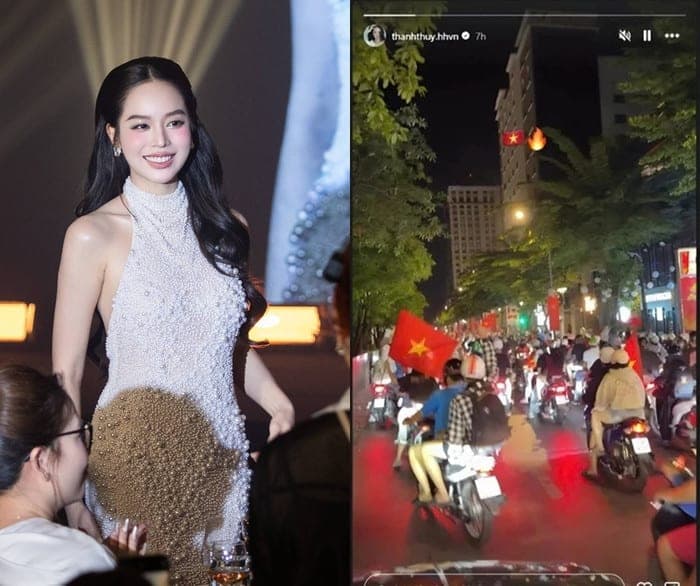 Hoa hậu Thanh Thủy chúc mừng tuyển U23 Việt Nam giành chiến thắng.