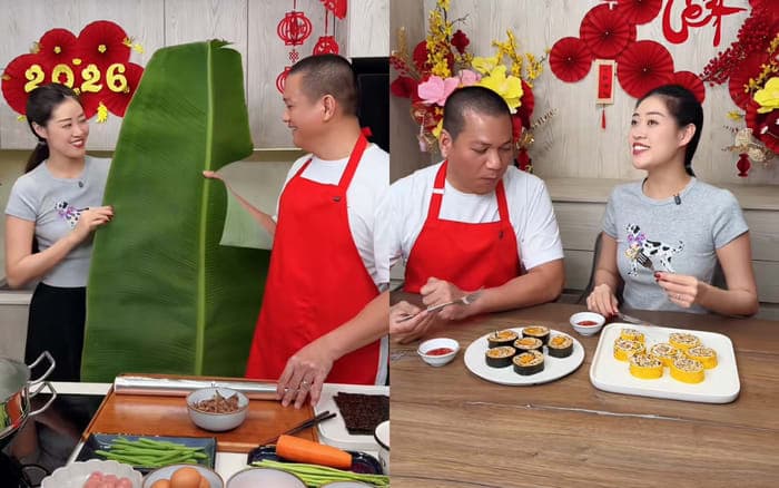 Khánh Vân cười tươi rói khi thưởng thức món ăn do chồng chế biến. Ảnh chụp màn hình