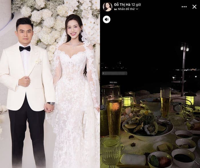 Hoa hậu Đỗ Thị Hà chia sẻ khoảnh khắc bên bữa tối lãng mạn, kèm dòng chú thích 'With him'.