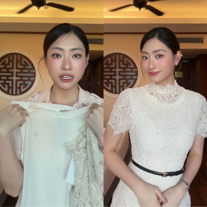 Lương Thùy Linh gây bàn tán vì cách phối đồ khi mặc váy ren xuyên thấu. Ảnh chụp màn hình