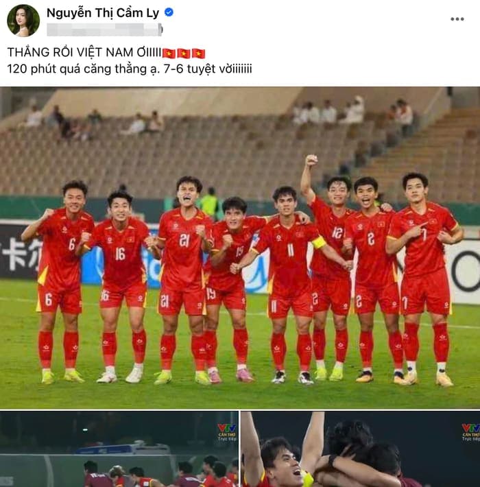 Á hậu Cẩm Ly chia sẻ bài đăng chúc mừng chiến thắng của Đình Bắc và các cầu thủ U23 Việt Nam trước U23 Hàn Quốc.
