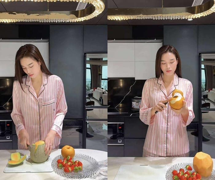 Đỗ Thị Hà trổ tài thực hiện món salad tại nhà riêng. Khoảnh khắc lãng mạn nhưng cũng hài hước, ngọt ngào giữa cô và chồng nhanh chóng thu hút nhiều netizen quan tâm.